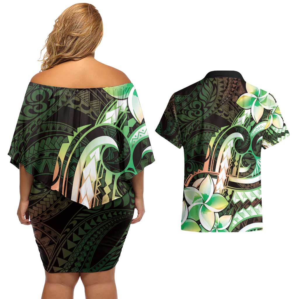 Polynesian Art Tattoo Couples Matching Off Shoulder Short Dress and Hawaiian Shirt Plumeria Flowers Green Gradient