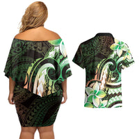 Polynesian Art Tattoo Couples Matching Off Shoulder Short Dress and Hawaiian Shirt Plumeria Flowers Green Gradient
