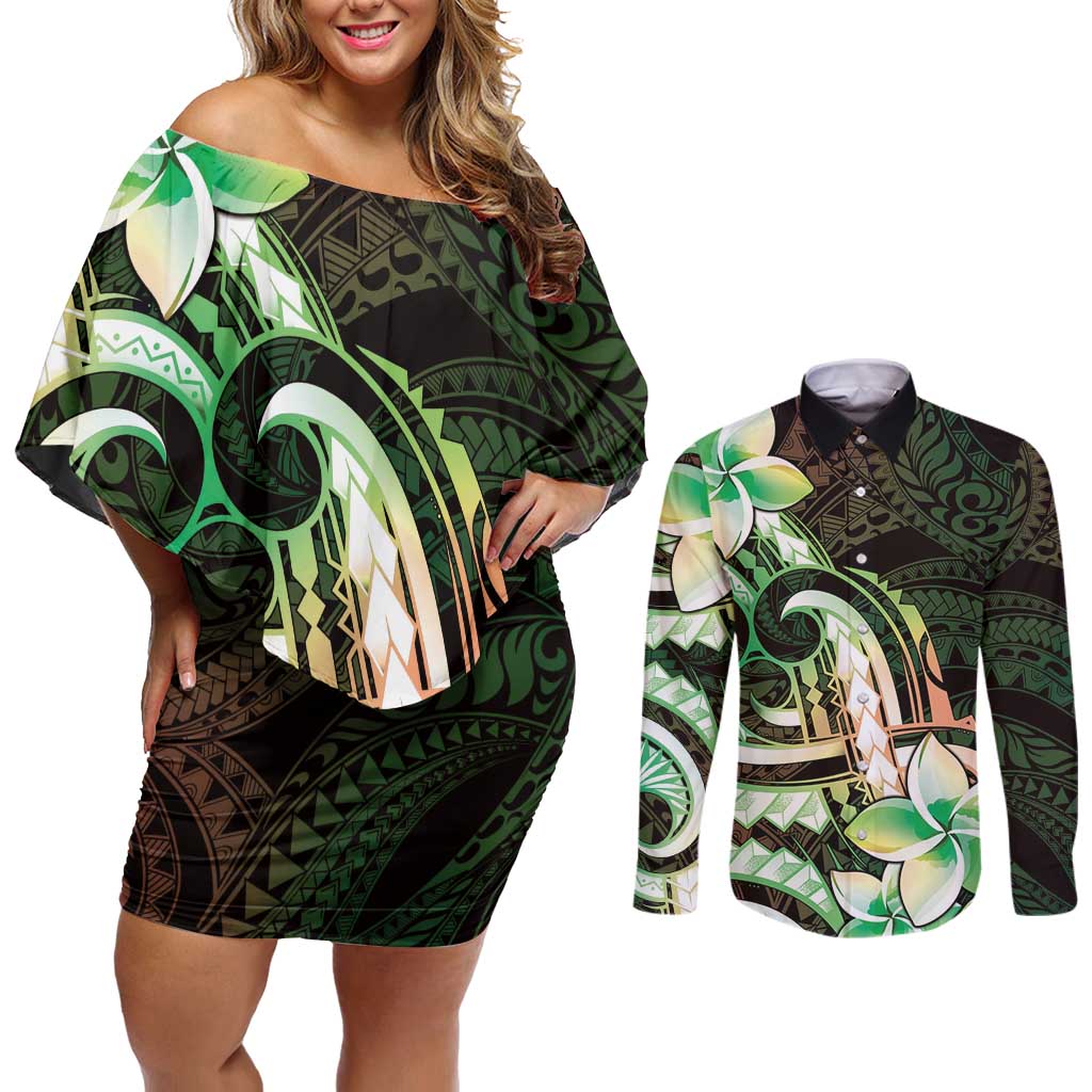 Polynesian Art Tattoo Couples Matching Off Shoulder Short Dress and Long Sleeve Button Shirt Plumeria Flowers Green Gradient LT05 Green - Polynesian Pride