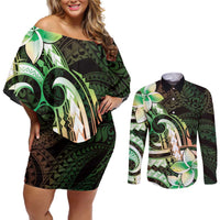 Polynesian Art Tattoo Couples Matching Off Shoulder Short Dress and Long Sleeve Button Shirt Plumeria Flowers Green Gradient LT05 Green - Polynesian Pride