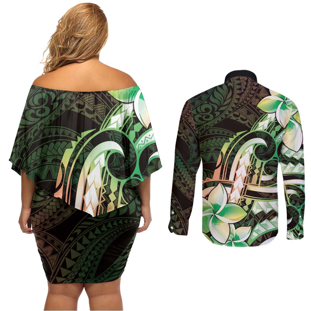 Polynesian Art Tattoo Couples Matching Off Shoulder Short Dress and Long Sleeve Button Shirt Plumeria Flowers Green Gradient LT05 - Polynesian Pride