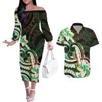 Polynesian Art Tattoo Couples Matching Off The Shoulder Long Sleeve Dress and Hawaiian Shirt Plumeria Flowers Green Gradient