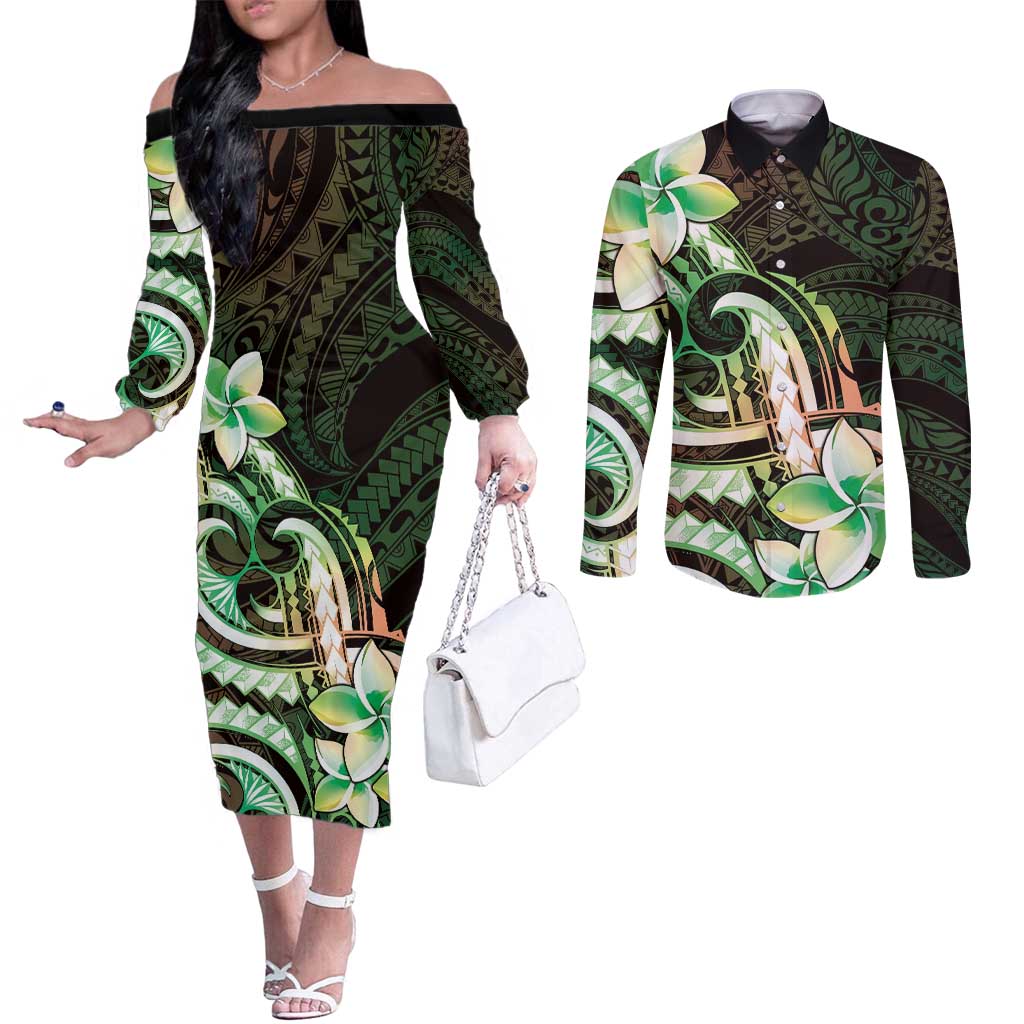 Polynesian Art Tattoo Couples Matching Off The Shoulder Long Sleeve Dress and Long Sleeve Button Shirt Plumeria Flowers Green Gradient