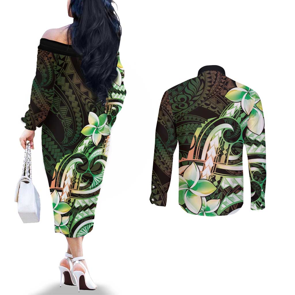 Polynesian Art Tattoo Couples Matching Off The Shoulder Long Sleeve Dress and Long Sleeve Button Shirt Plumeria Flowers Green Gradient