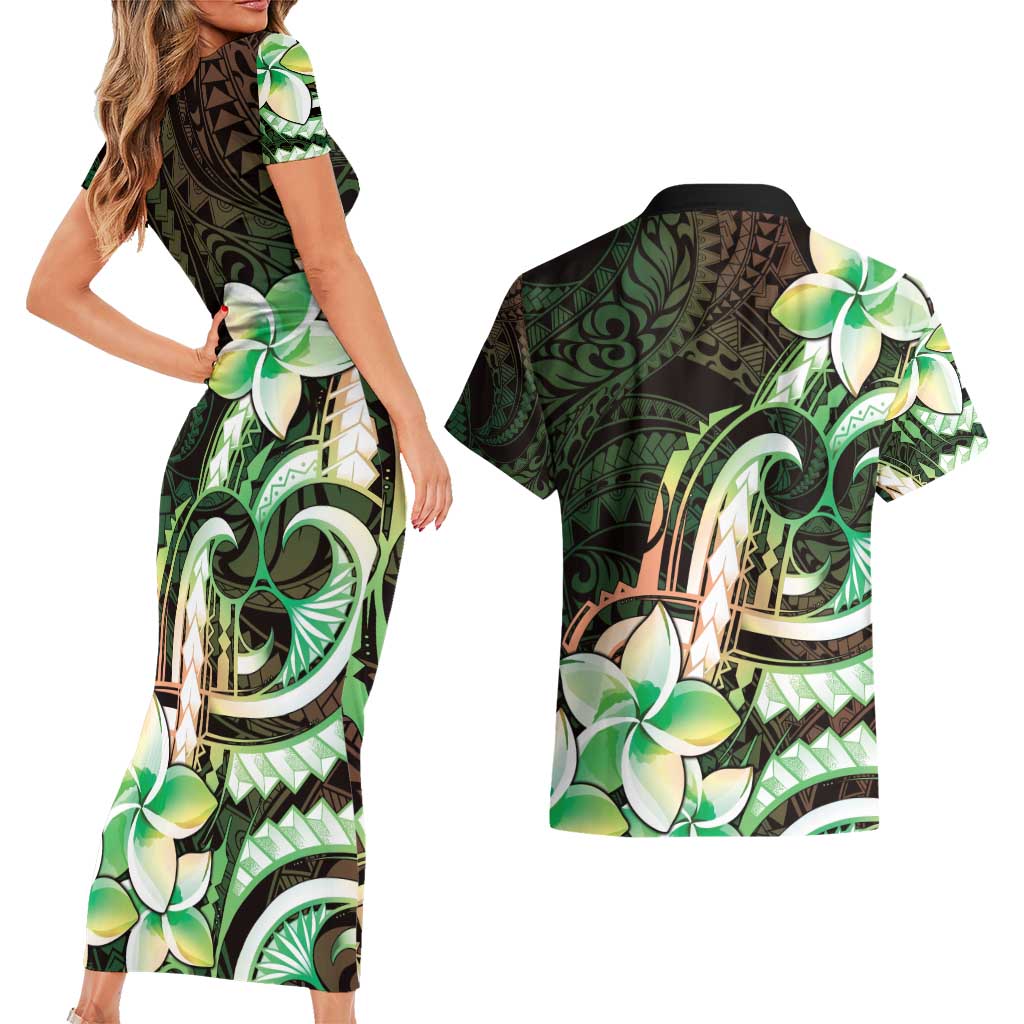 Polynesian Art Tattoo Couples Matching Short Sleeve Bodycon Dress and Hawaiian Shirt Plumeria Flowers Green Gradient