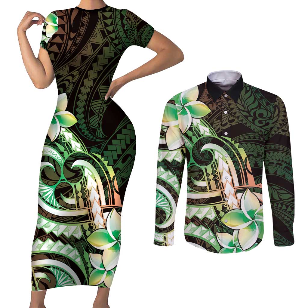 Polynesian Art Tattoo Couples Matching Short Sleeve Bodycon Dress and Long Sleeve Button Shirt Plumeria Flowers Green Gradient