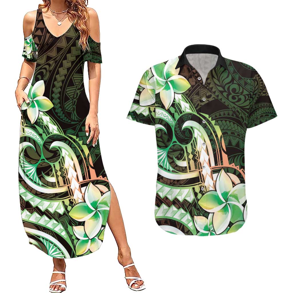 Polynesian Art Tattoo Couples Matching Summer Maxi Dress and Hawaiian Shirt Plumeria Flowers Green Gradient