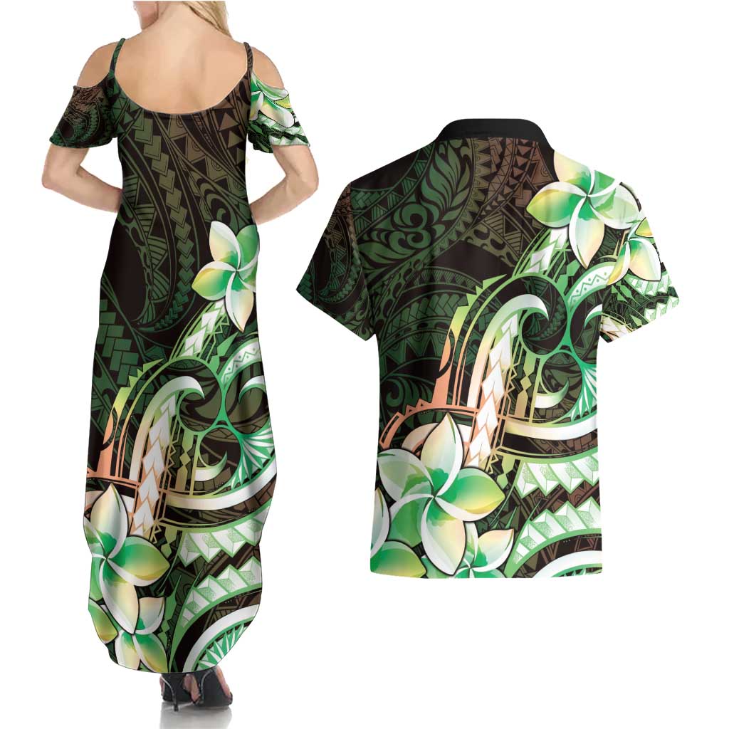 Polynesian Art Tattoo Couples Matching Summer Maxi Dress and Hawaiian Shirt Plumeria Flowers Green Gradient