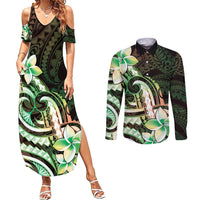 Polynesian Art Tattoo Couples Matching Summer Maxi Dress and Long Sleeve Button Shirt Plumeria Flowers Green Gradient