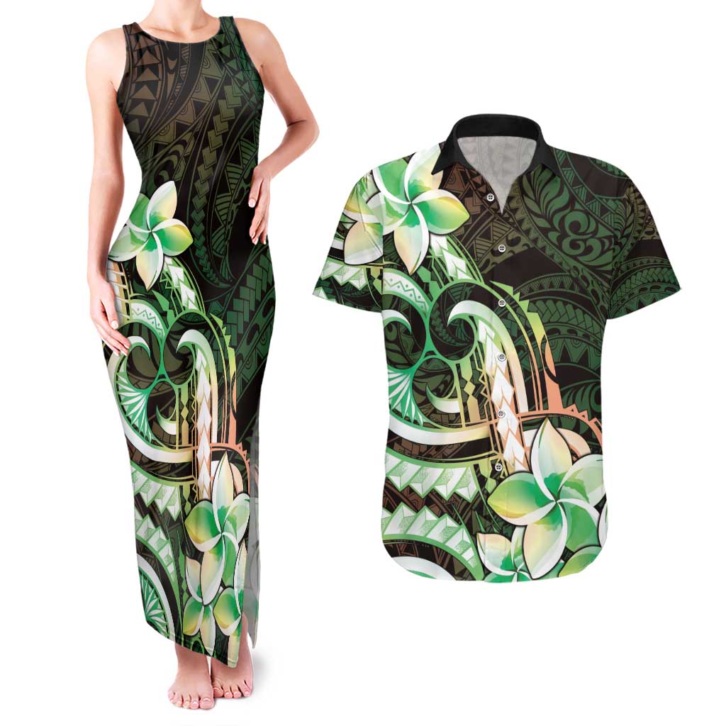 Polynesian Art Tattoo Couples Matching Tank Maxi Dress and Hawaiian Shirt Plumeria Flowers Green Gradient