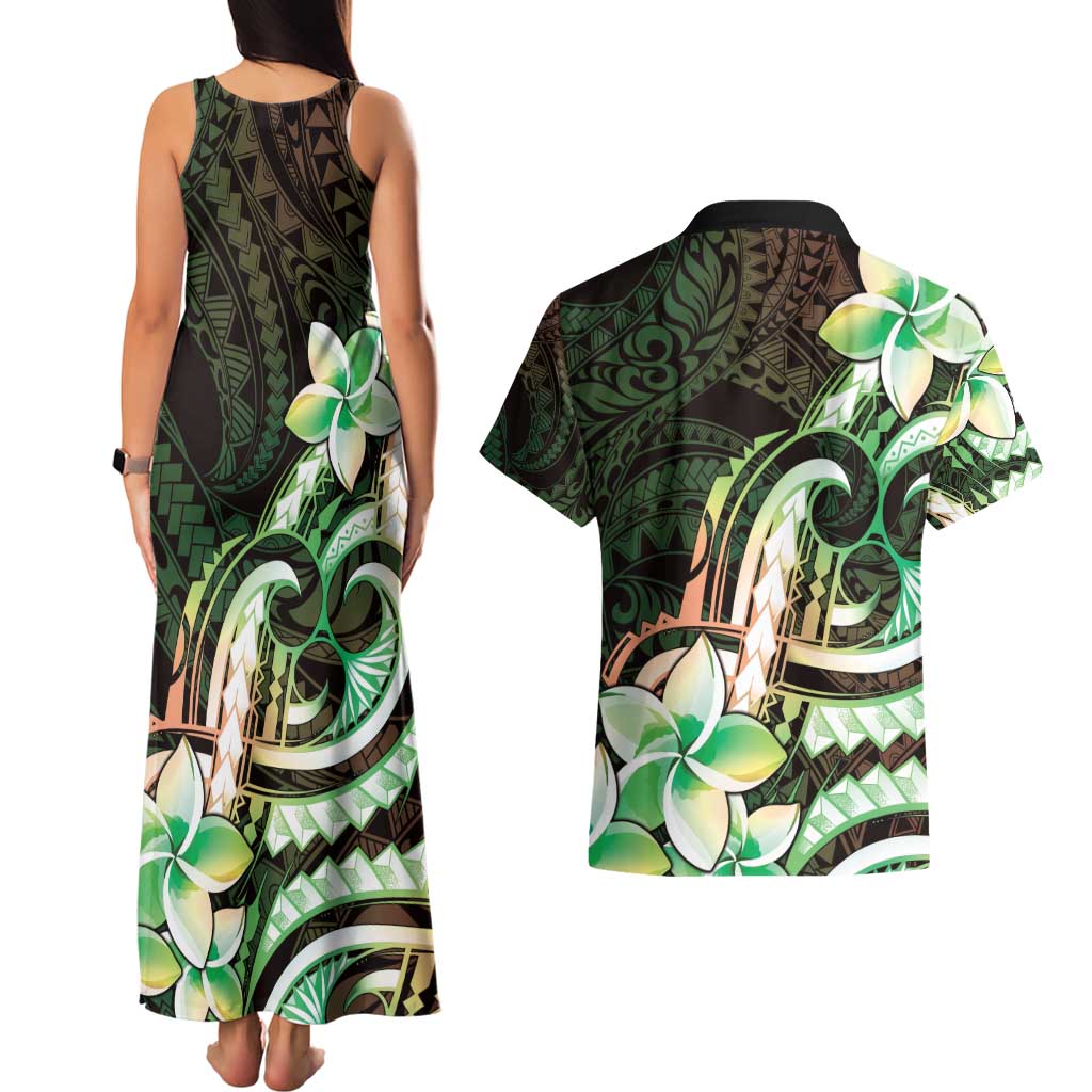 Polynesian Art Tattoo Couples Matching Tank Maxi Dress and Hawaiian Shirt Plumeria Flowers Green Gradient