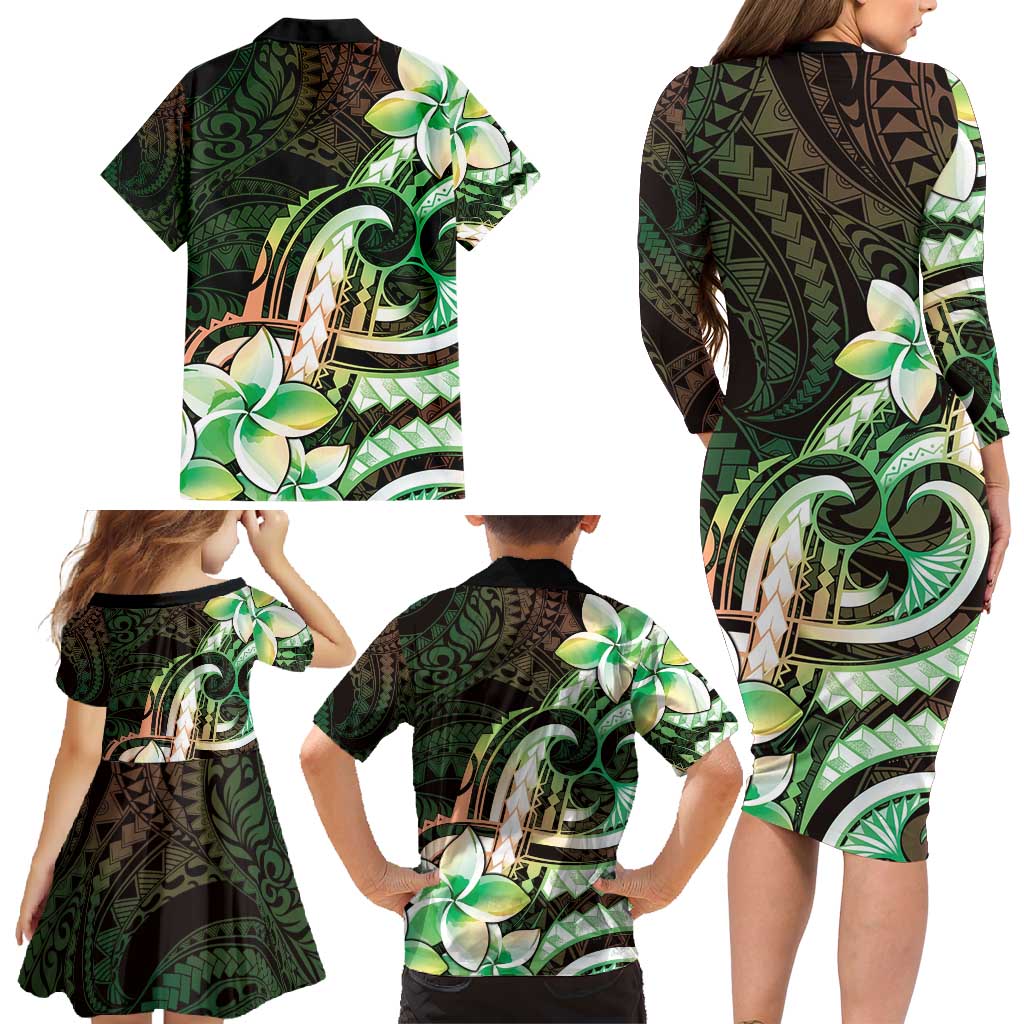 Polynesian Art Tattoo Family Matching Long Sleeve Bodycon Dress and Hawaiian Shirt Plumeria Flowers Green Gradient