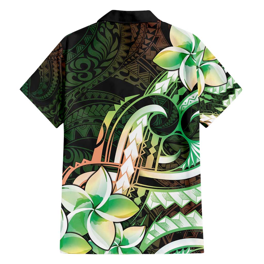 Polynesian Art Tattoo Family Matching Long Sleeve Bodycon Dress and Hawaiian Shirt Plumeria Flowers Green Gradient