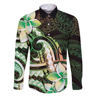 Polynesian Art Tattoo Family Matching Long Sleeve Bodycon Dress and Hawaiian Shirt Plumeria Flowers Green Gradient