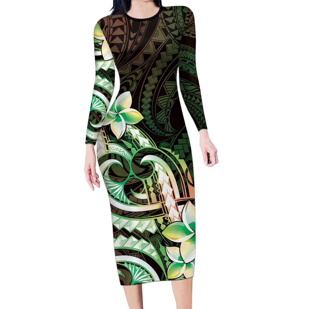 Polynesian Art Tattoo Family Matching Long Sleeve Bodycon Dress and Hawaiian Shirt Plumeria Flowers Green Gradient
