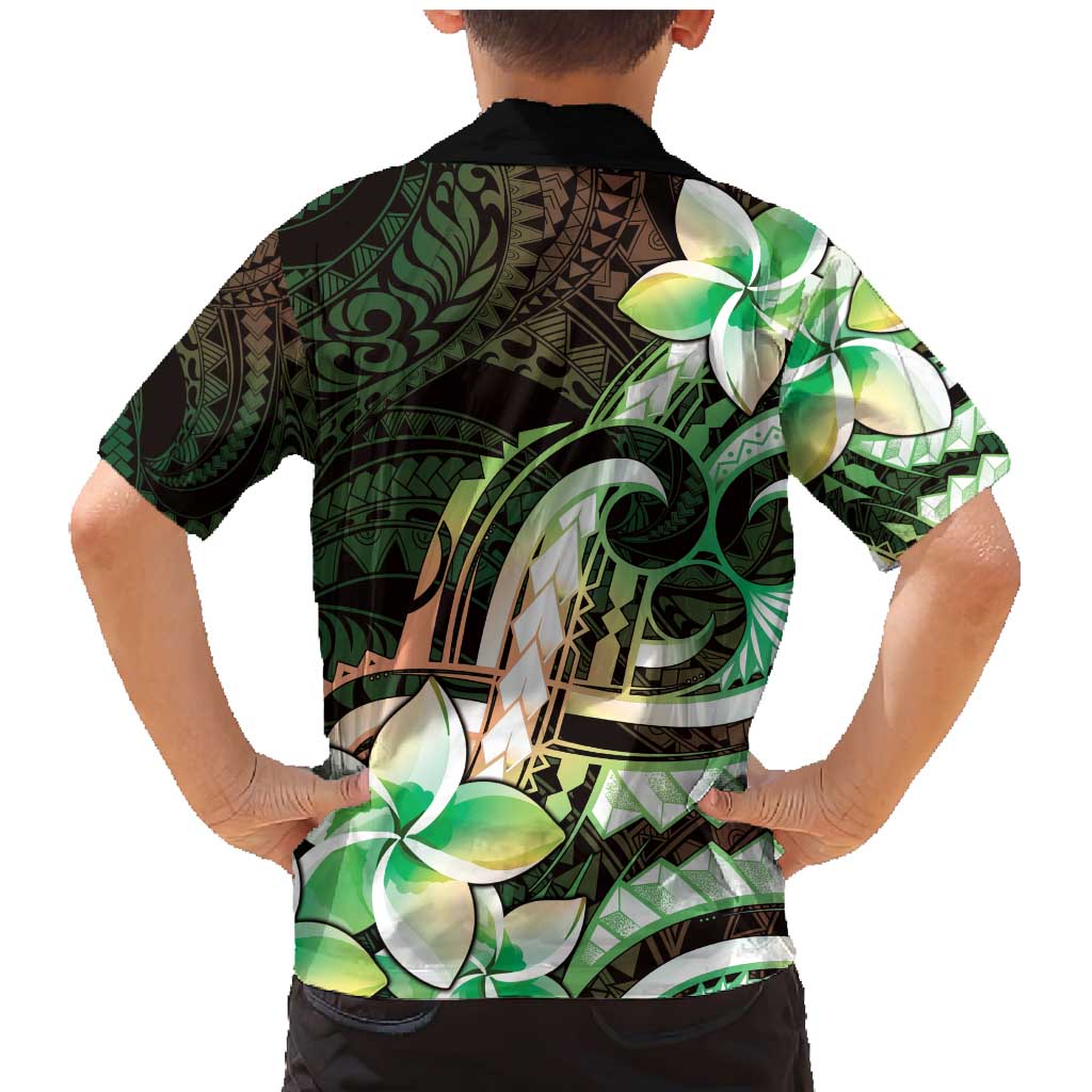 Polynesian Art Tattoo Family Matching Mermaid Dress and Hawaiian Shirt Plumeria Flowers Green Gradient