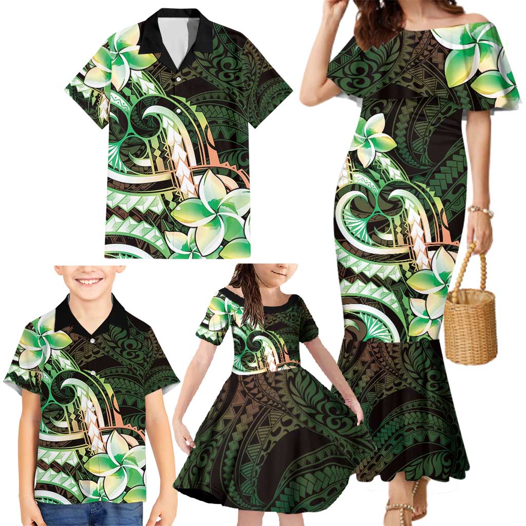 Polynesian Art Tattoo Family Matching Mermaid Dress and Hawaiian Shirt Plumeria Flowers Green Gradient