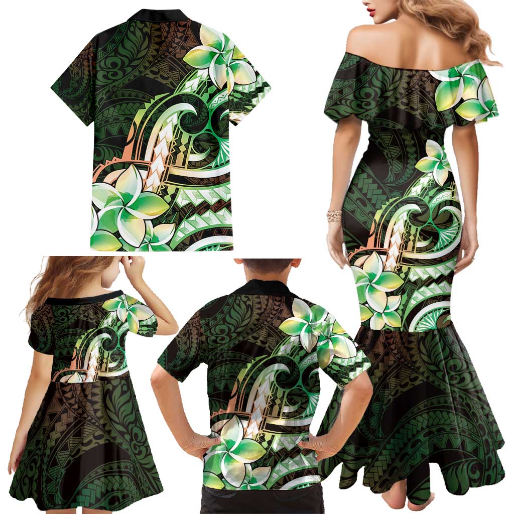 Polynesian Art Tattoo Family Matching Mermaid Dress and Hawaiian Shirt Plumeria Flowers Green Gradient