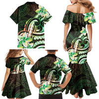 Polynesian Art Tattoo Family Matching Mermaid Dress and Hawaiian Shirt Plumeria Flowers Green Gradient
