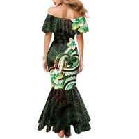 Polynesian Art Tattoo Family Matching Mermaid Dress and Hawaiian Shirt Plumeria Flowers Green Gradient