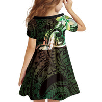 Polynesian Art Tattoo Family Matching Off Shoulder Short Dress and Hawaiian Shirt Plumeria Flowers Green Gradient