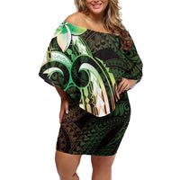 Polynesian Art Tattoo Family Matching Off Shoulder Short Dress and Hawaiian Shirt Plumeria Flowers Green Gradient