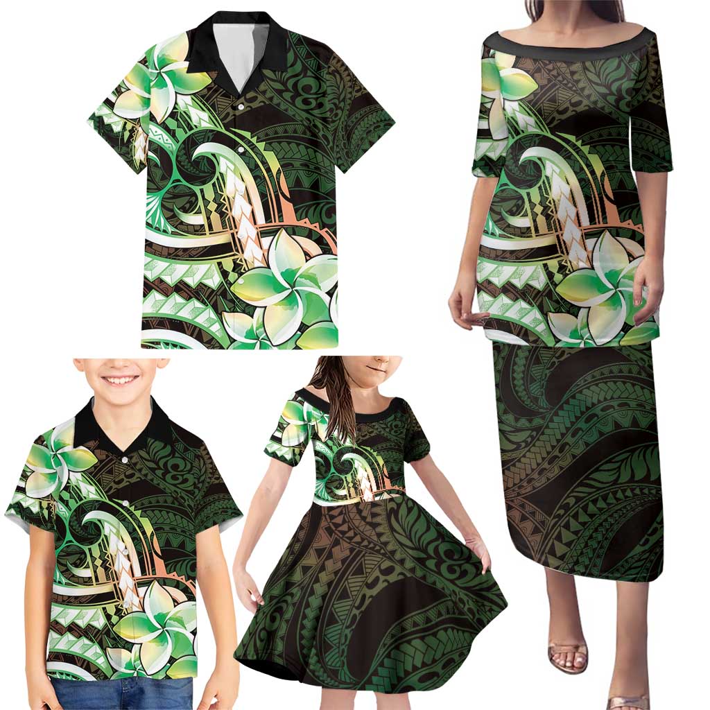 Polynesian Art Tattoo Family Matching Puletasi and Hawaiian Shirt Plumeria Flowers Green Gradient