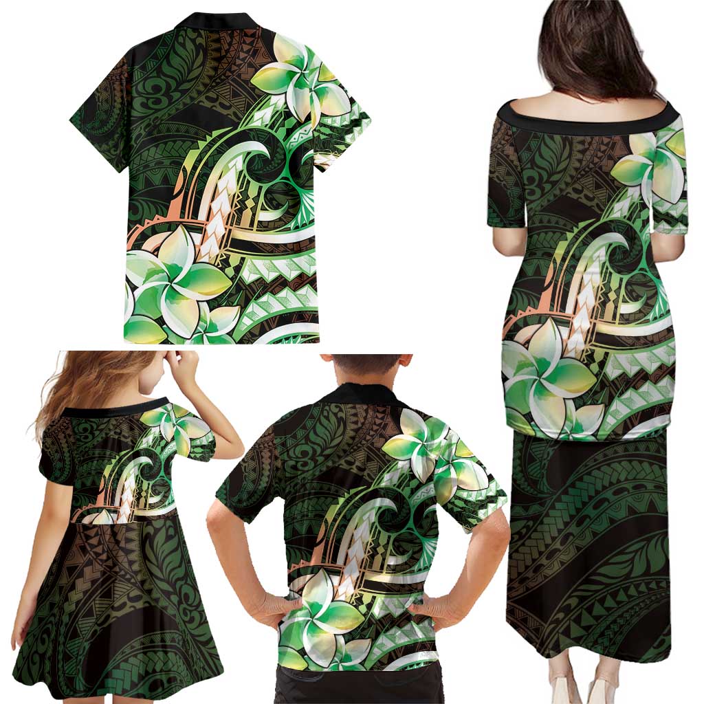 Polynesian Art Tattoo Family Matching Puletasi and Hawaiian Shirt Plumeria Flowers Green Gradient