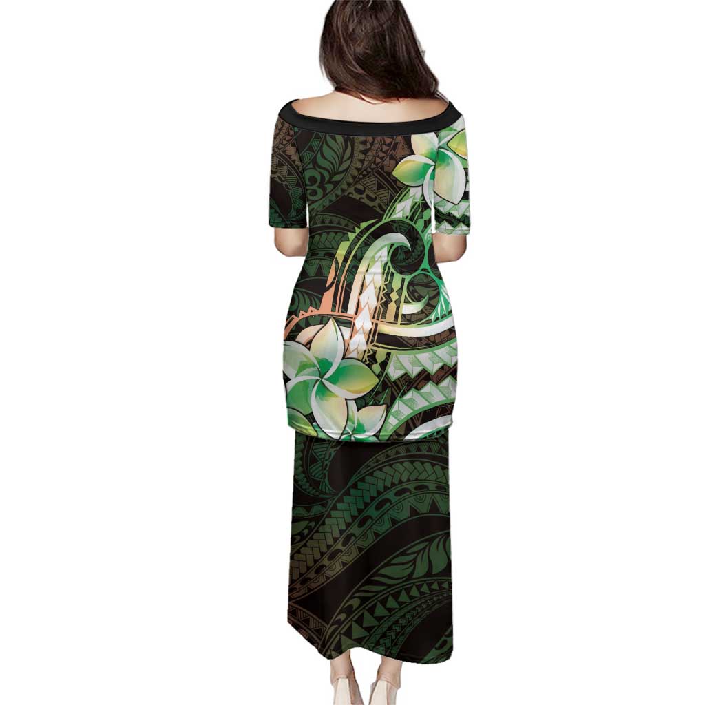 Polynesian Art Tattoo Family Matching Puletasi and Hawaiian Shirt Plumeria Flowers Green Gradient