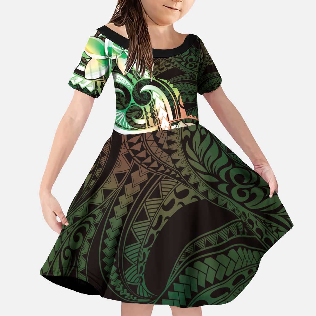 Polynesian Art Tattoo Family Matching Short Sleeve Bodycon Dress and Hawaiian Shirt Plumeria Flowers Green Gradient