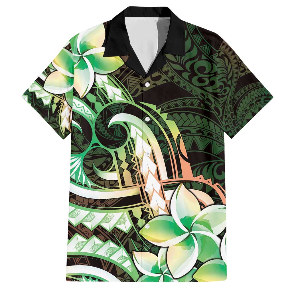 Polynesian Art Tattoo Family Matching Short Sleeve Bodycon Dress and Hawaiian Shirt Plumeria Flowers Green Gradient