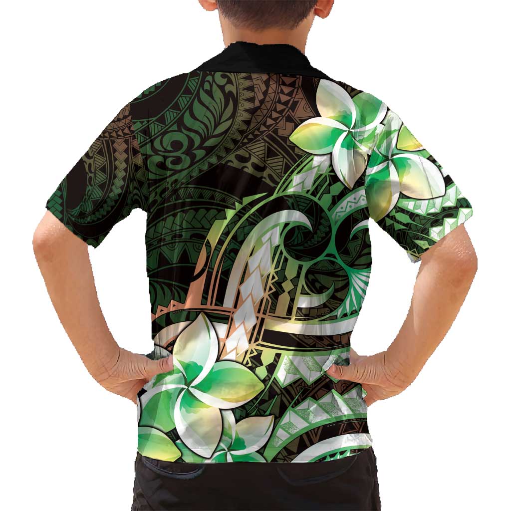 Polynesian Art Tattoo Family Matching Summer Maxi Dress and Hawaiian Shirt Plumeria Flowers Green Gradient