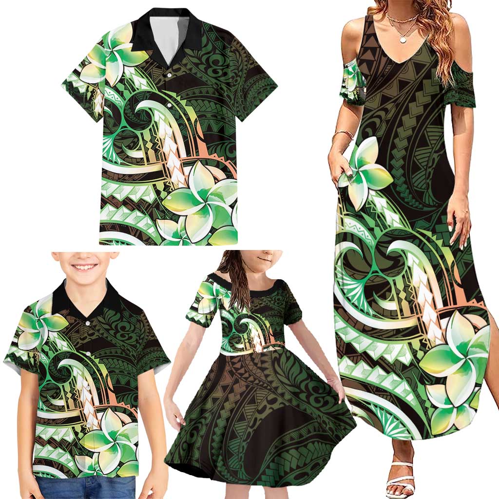 Polynesian Art Tattoo Family Matching Summer Maxi Dress and Hawaiian Shirt Plumeria Flowers Green Gradient