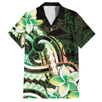 Polynesian Art Tattoo Family Matching Tank Maxi Dress and Hawaiian Shirt Plumeria Flowers Green Gradient