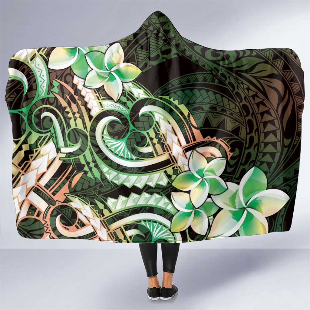 Polynesian Art Tattoo Hooded Blanket Plumeria Flowers Green Gradient LT05 One Size Green - Polynesian Pride