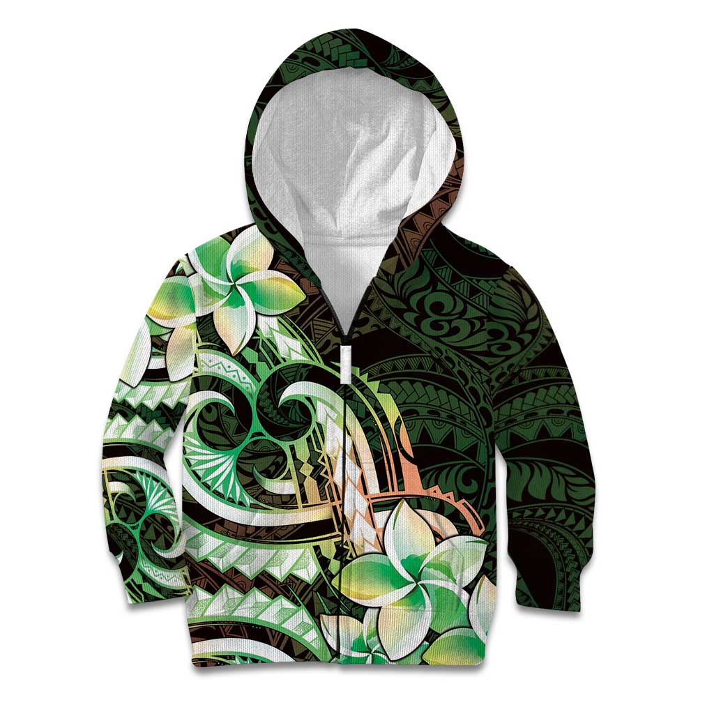 Polynesian Art Tattoo Kid Hoodie Plumeria Flowers Green Gradient LT05 Zip Hoodie Green - Polynesian Pride