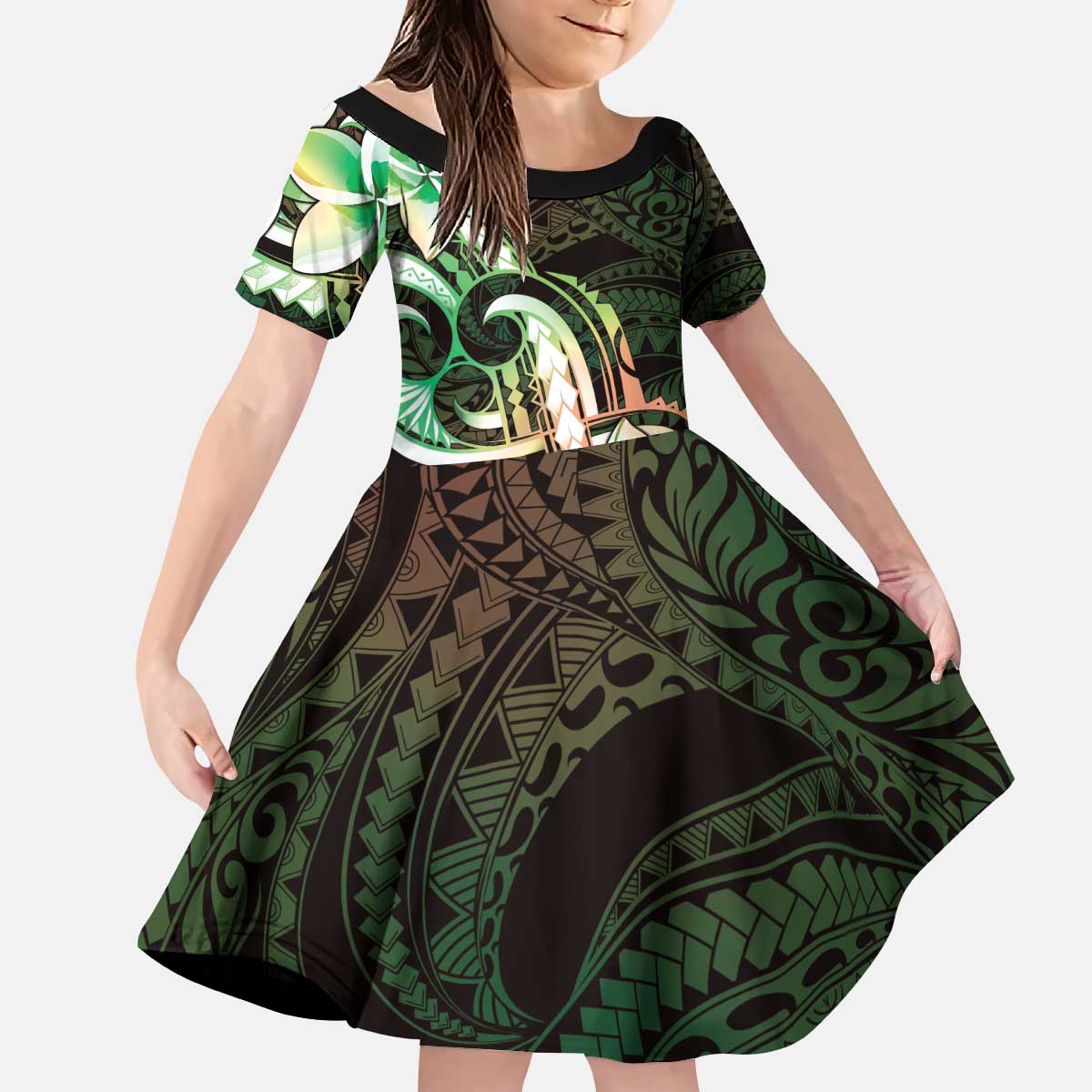 Polynesian Art Tattoo Kid Short Sleeve Dress Plumeria Flowers Green Gradient LT05 KID Green - Polynesian Pride