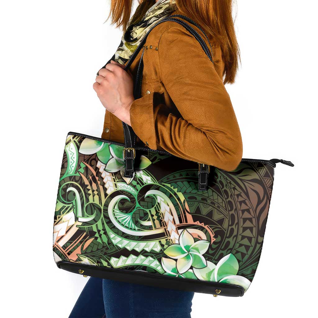 Polynesian Art Tattoo Leather Tote Bag Plumeria Flowers Green Gradient