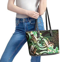 Polynesian Art Tattoo Leather Tote Bag Plumeria Flowers Green Gradient