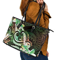Polynesian Art Tattoo Leather Tote Bag Plumeria Flowers Green Gradient