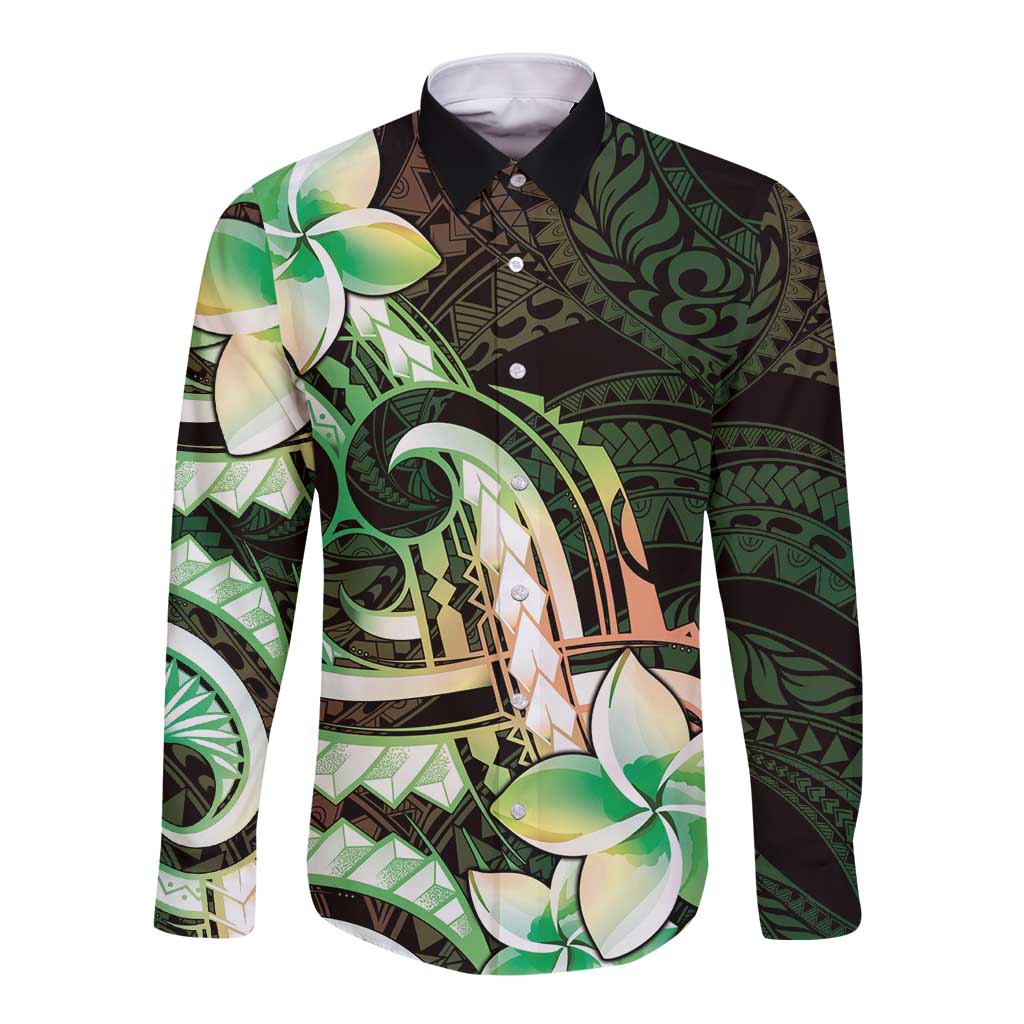 Polynesian Art Tattoo Long Sleeve Button Shirt Plumeria Flowers Green Gradient LT05 Unisex Green - Polynesian Pride
