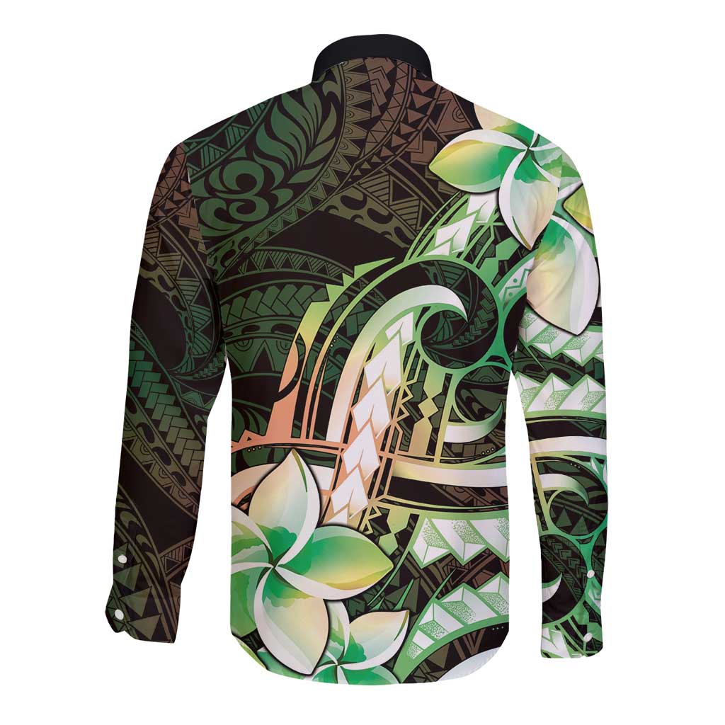 Polynesian Art Tattoo Long Sleeve Button Shirt Plumeria Flowers Green Gradient