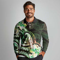 Polynesian Art Tattoo Long Sleeve Polo Shirt Plumeria Flowers Green Gradient