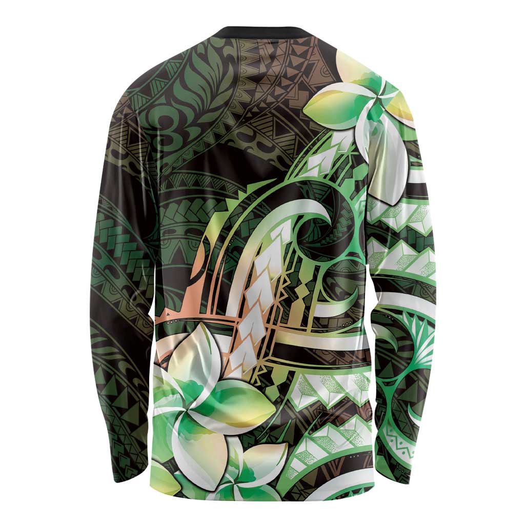 Polynesian Art Tattoo Long Sleeve Shirt Plumeria Flowers Green Gradient