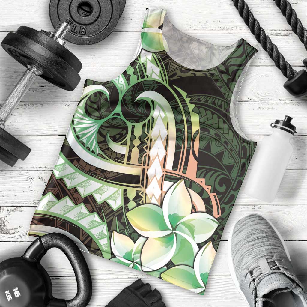 Polynesian Art Tattoo Men Tank Top Plumeria Flowers Green Gradient