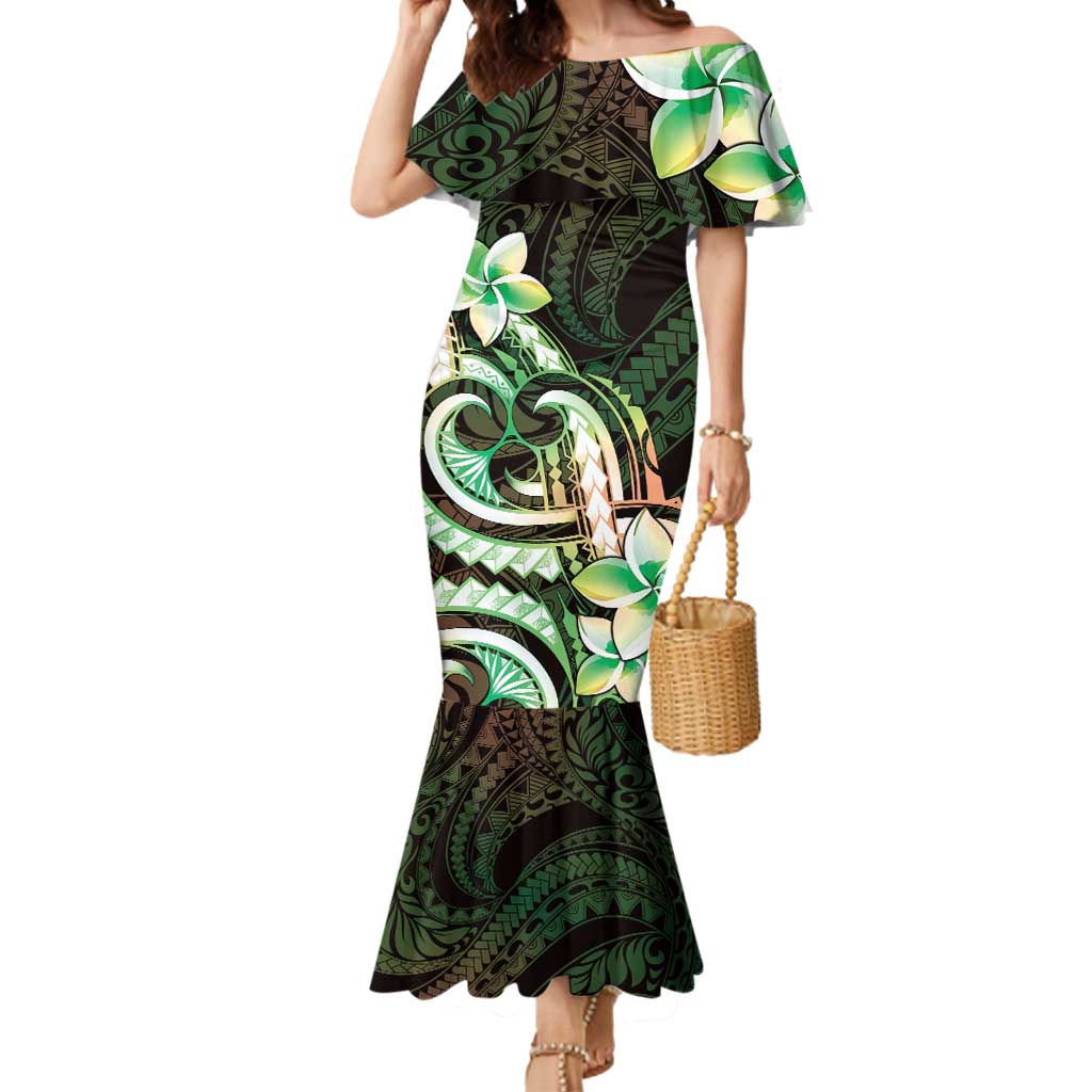 Polynesian Art Tattoo Mermaid Dress Plumeria Flowers Green Gradient