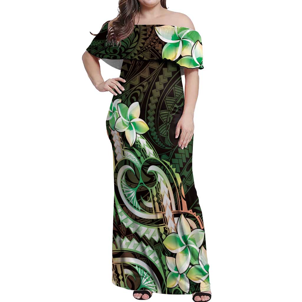 Polynesian Art Tattoo Off Shoulder Maxi Dress Plumeria Flowers Green Gradient LT05 Women Green - Polynesian Pride