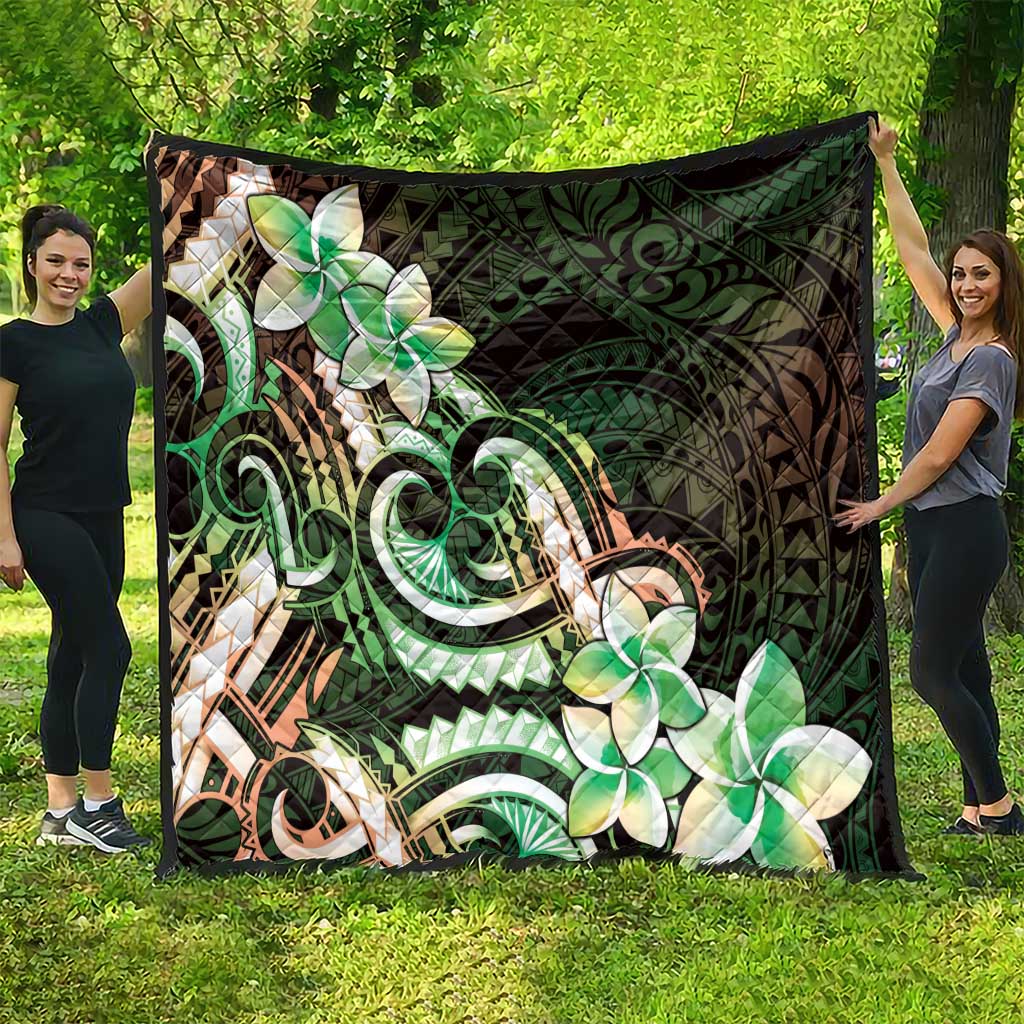 Polynesian Art Tattoo Quilt Plumeria Flowers Green Gradient