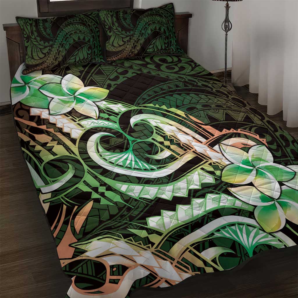 Polynesian Art Tattoo Quilt Bed Set Plumeria Flowers Green Gradient
