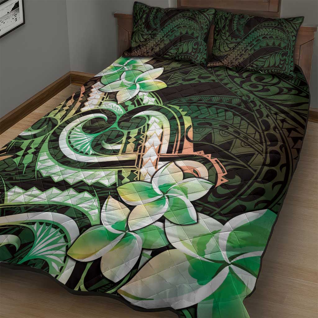 Polynesian Art Tattoo Quilt Bed Set Plumeria Flowers Green Gradient